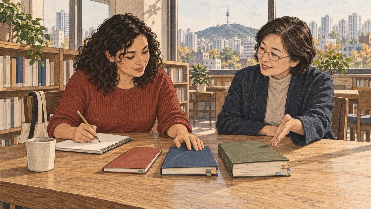 An adult learner chooses among three study books with a tutor in a Seoul library.