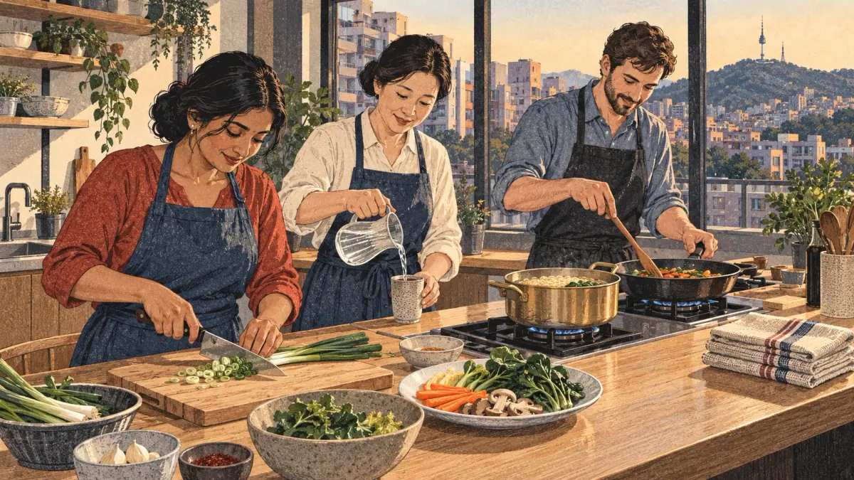 Everyday Korean actions illustrated through cooking and exchange.