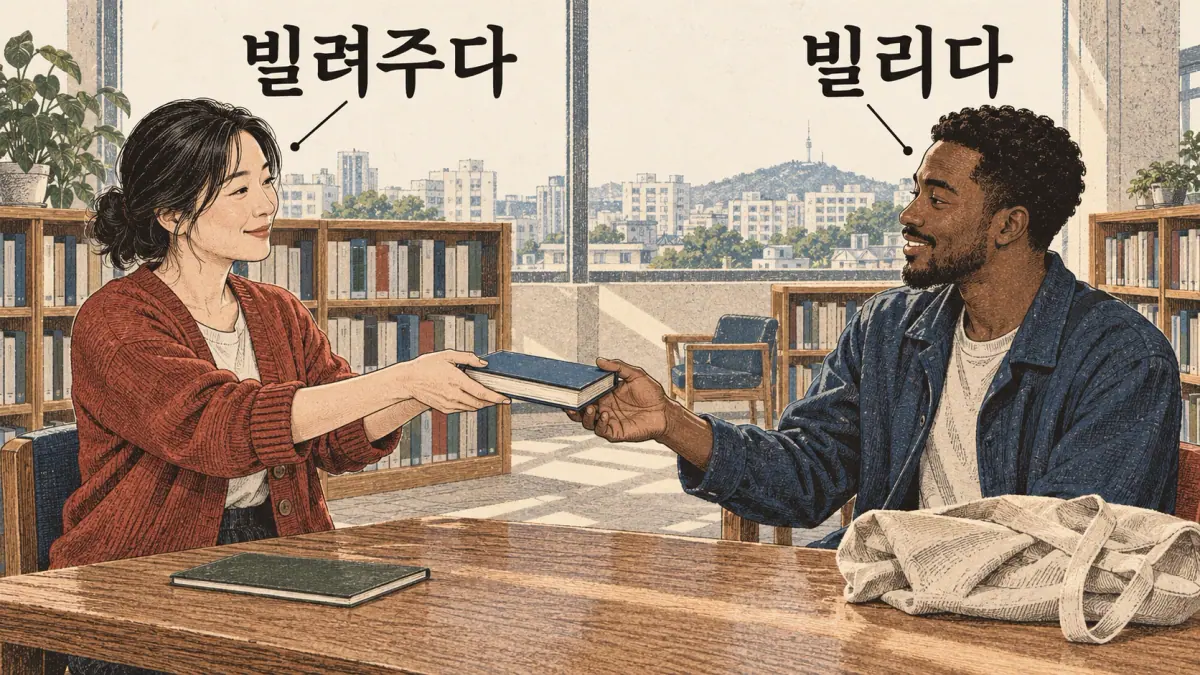 빌리다 and 빌려주다 distinguish borrowing from lending a book.
