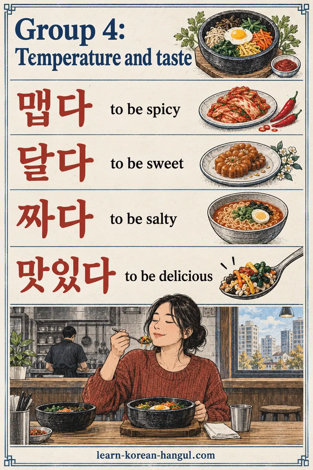 Illustrated Korean adjectives for size, taste and distance.