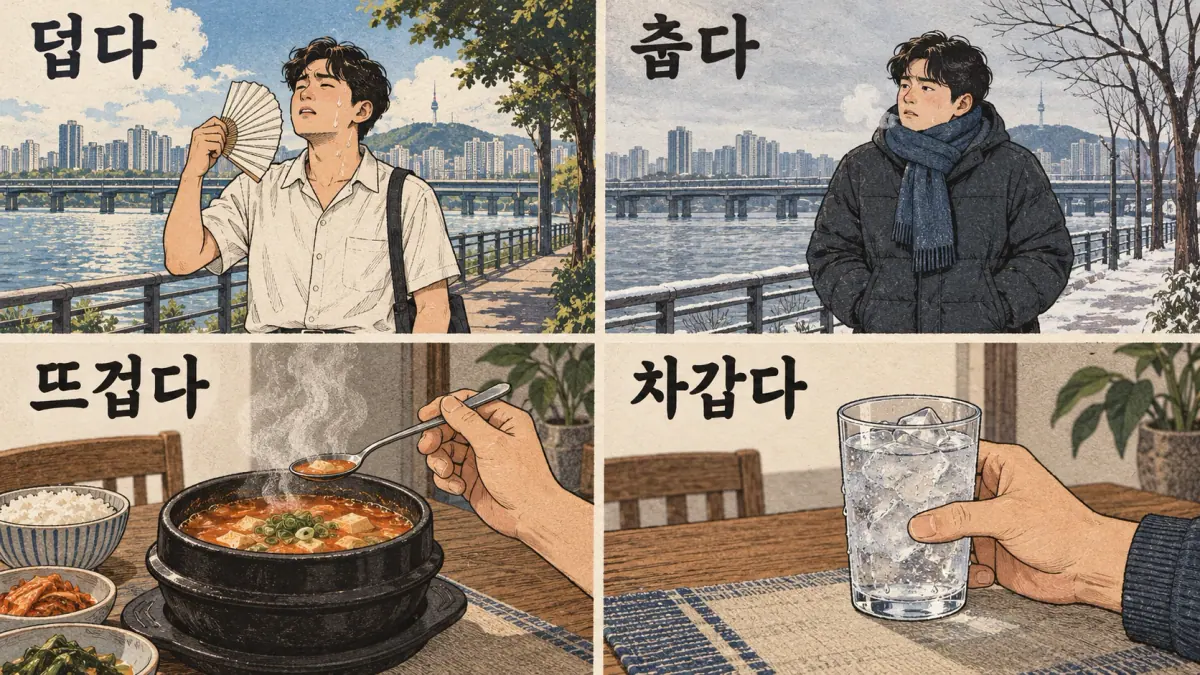 덥다 and 춥다 describe weather; 뜨겁다 and 차갑다 describe object temperature.