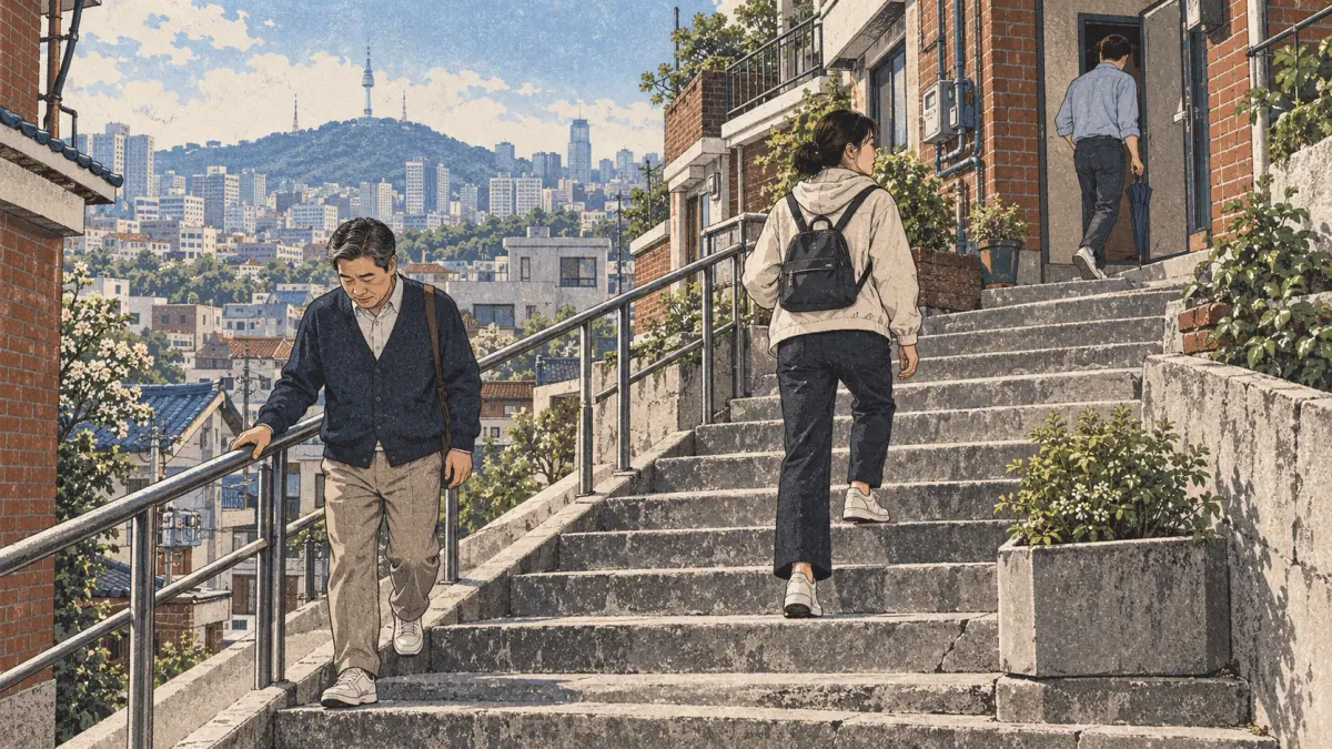 Adults climb and descend a Seoul hillside stairway while a neighbor enters a doorway.