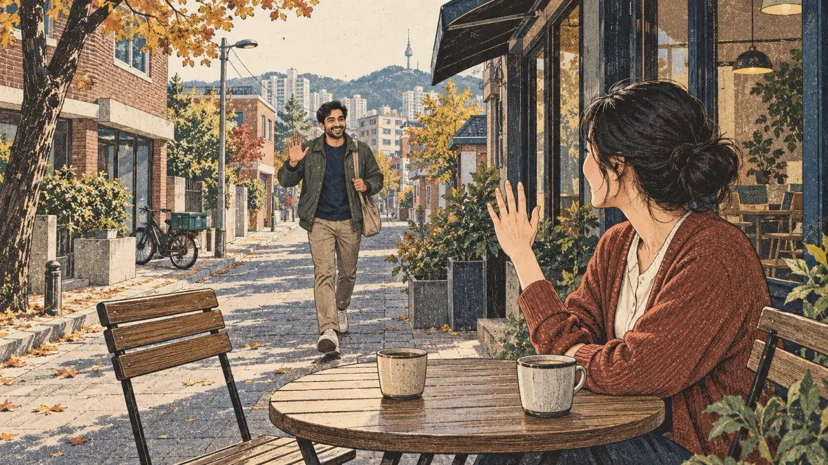 A friend approaches a waiting woman outside a Seoul café, showing movement toward the speaker.