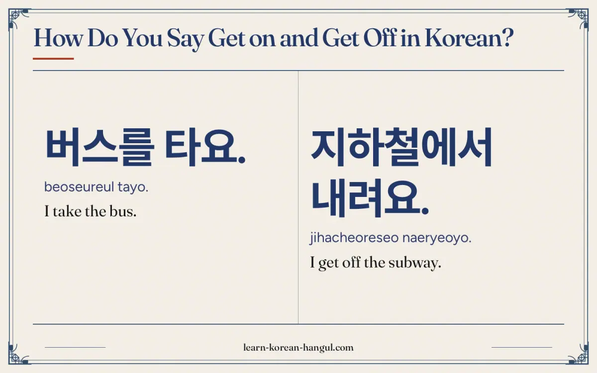 버스를 타요. · beoseureul tayo. · I take the bus. · How do you say get on and get off in Korean?