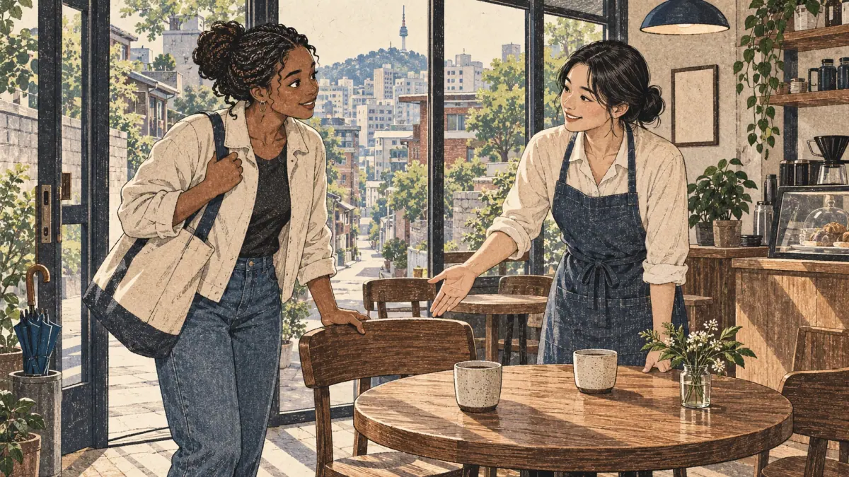 A café worker welcomes a visitor to take a seat in Seoul, illustrating permission with 돼요 (dwaeyo).