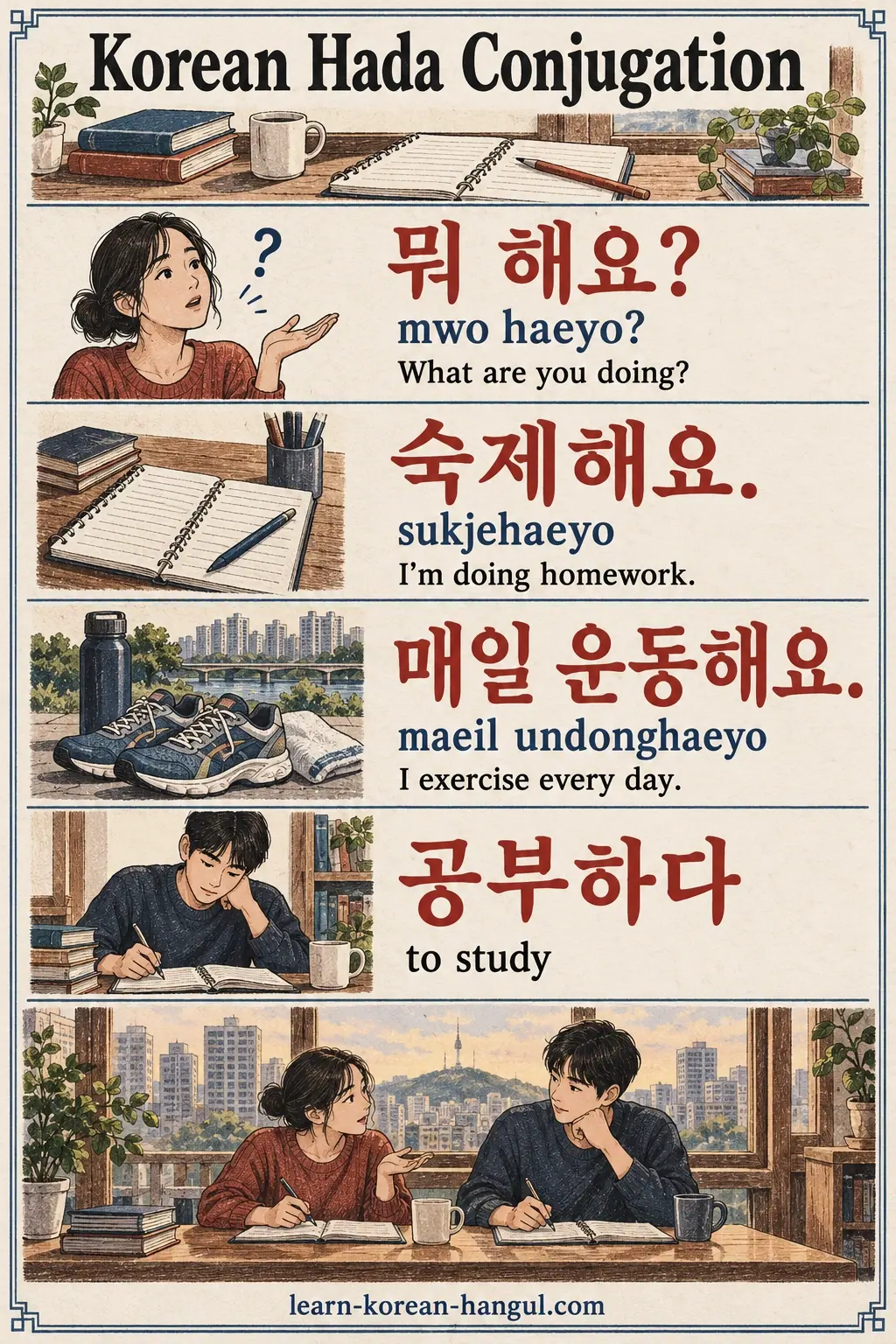 Illustrated Korean 하다 (hada) lesson: What is the polite present of 하다?