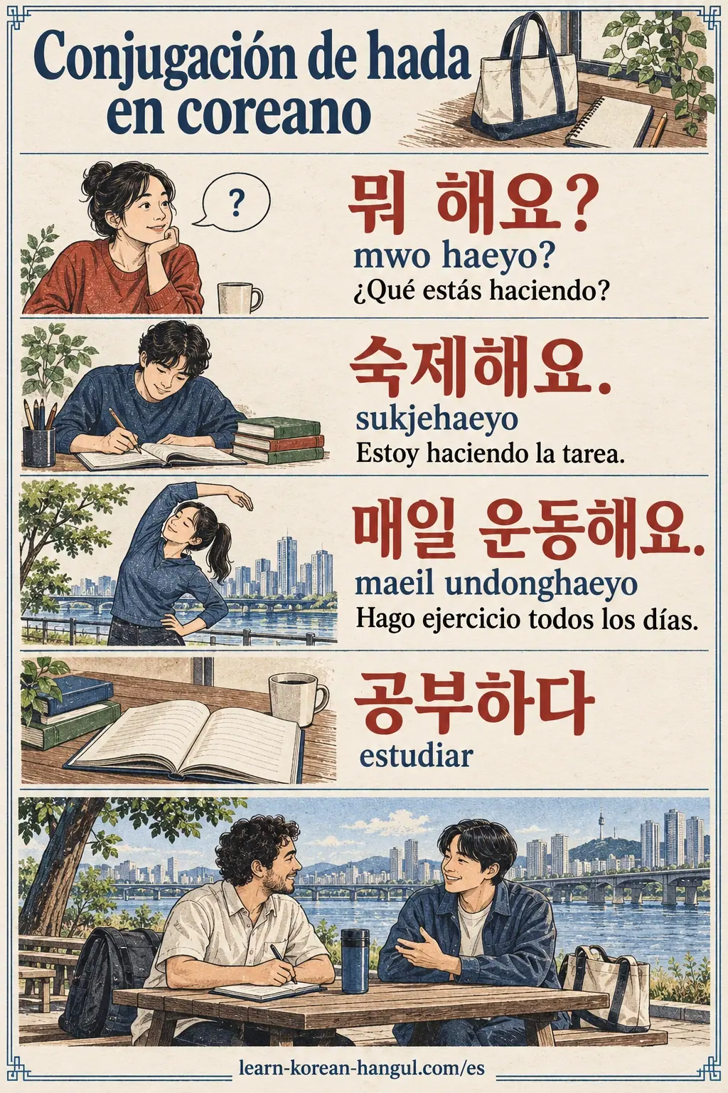 Lección ilustrada de 하다 (hada): ¿Cómo empieza la conjugación de hada en coreano?