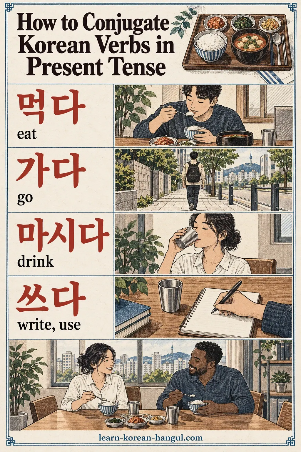 Korean polite present lesson illustrated through What do 40 verbs and adjectives look like in the polite present?