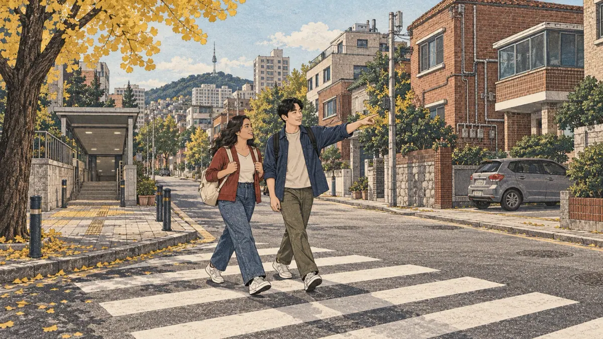 Two adults cross a Seoul neighborhood street, illustrating 가요 (gayo) and 건너요.