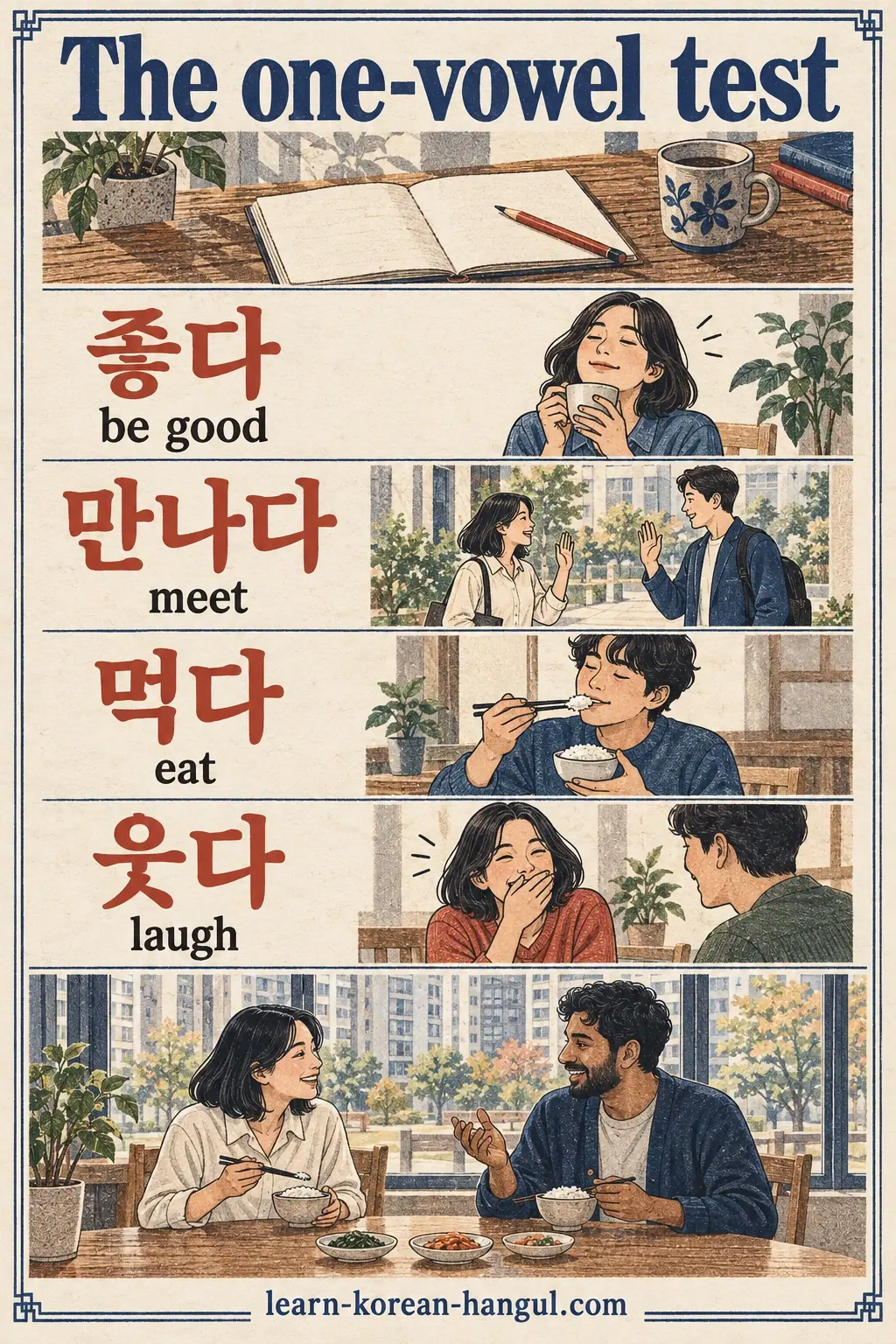 Korean vowel harmony teaching illustration: The one-vowel test