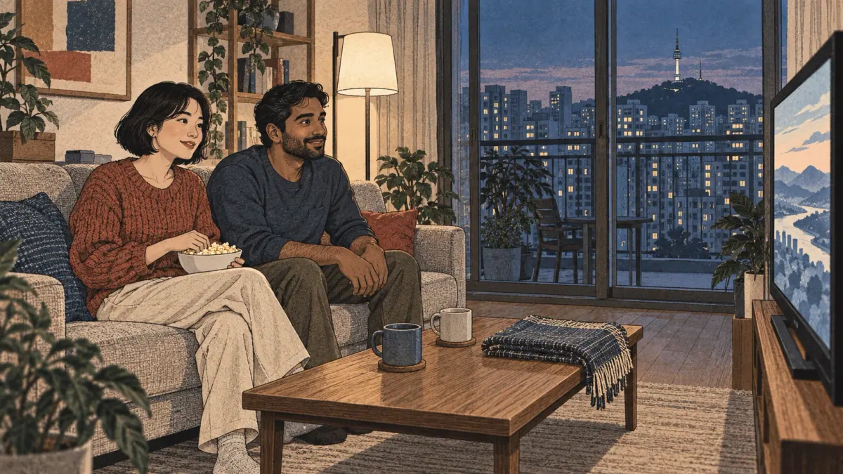 Two adults watch a movie in a Seoul apartment, illustrating 봐요 from 보다.