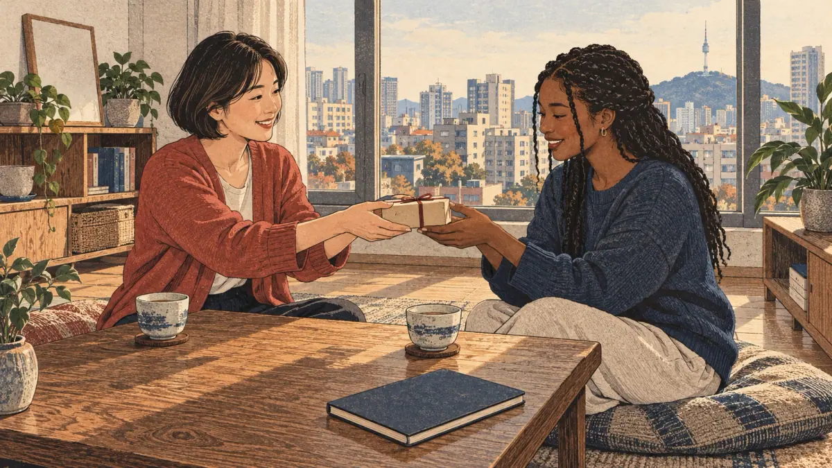 A learner receives a small gift from a Korean friend at a Seoul apartment table.