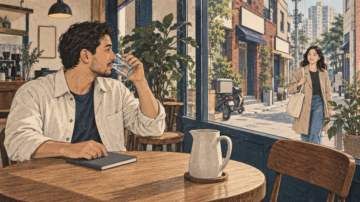 An adult learner drinks water while waiting for a friend in a Seoul café.
