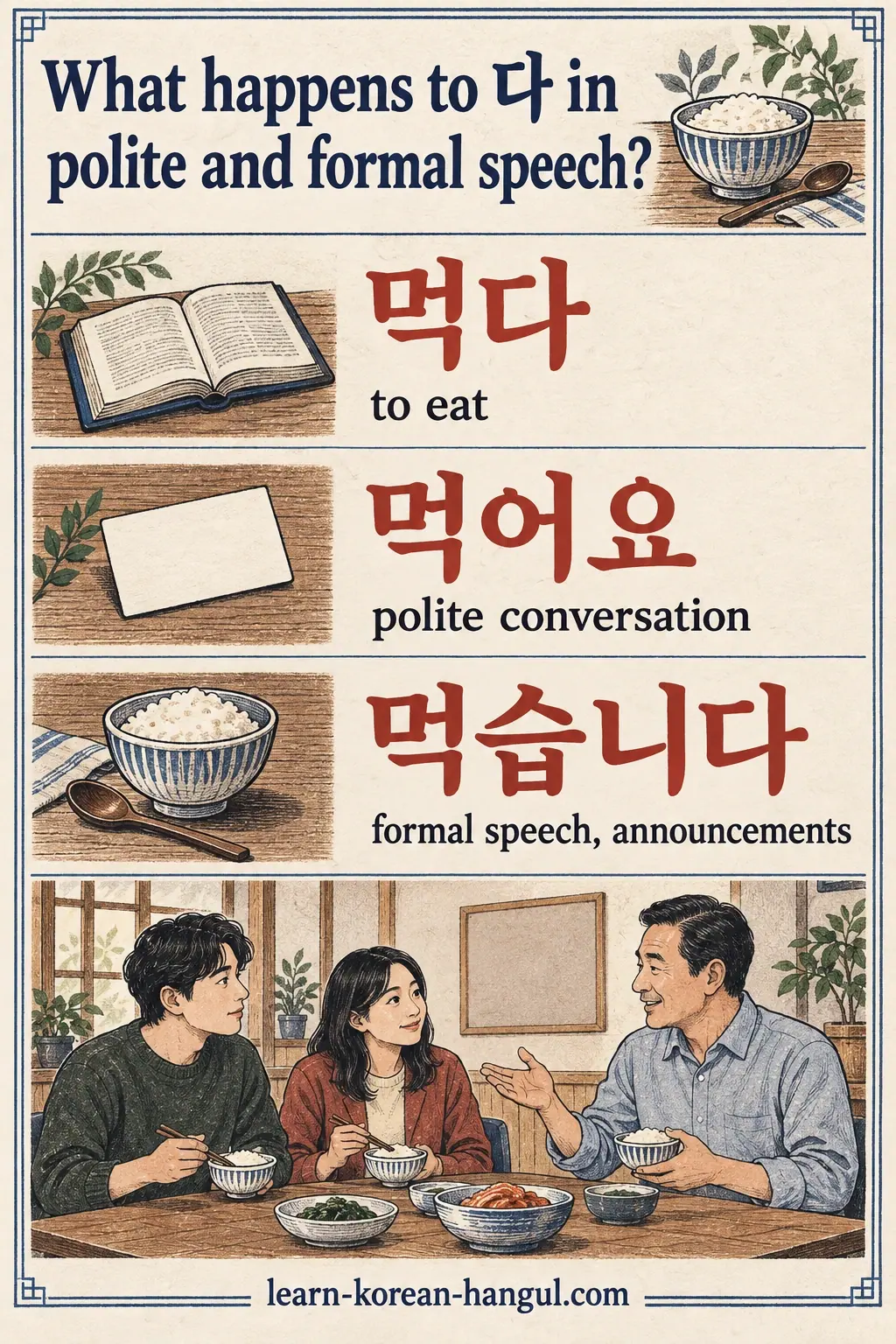 Illustrated lesson on What happens to 다 in polite and formal speech?