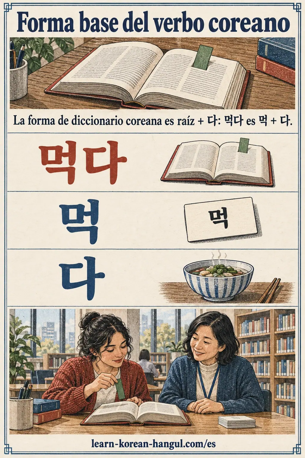 Lección ilustrada sobre la forma base y la raíz verbal coreana.