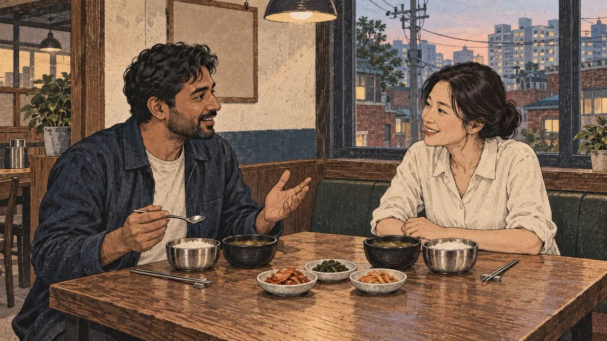A Korean tutor and adult learner discuss a meal at a small Seoul restaurant.