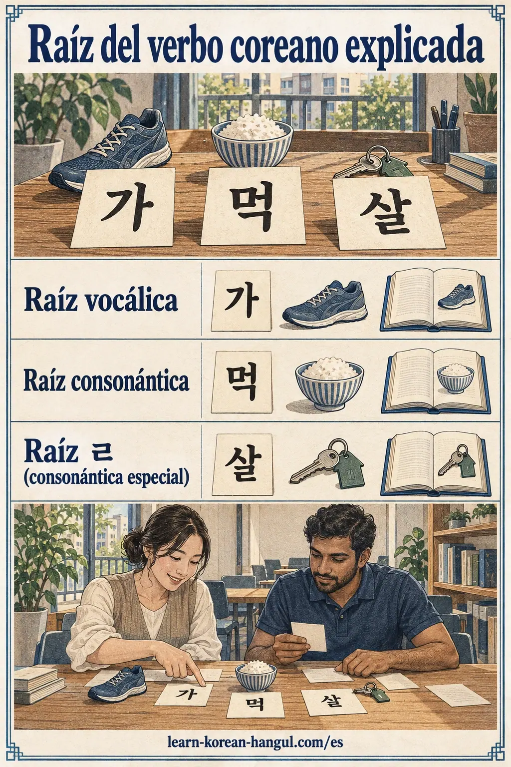 Raíces verbales coreanas ilustradas en situaciones cotidianas.