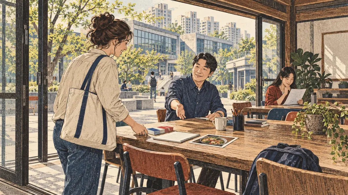 Adult learners apply a Korean study method with concrete materials in Seoul.