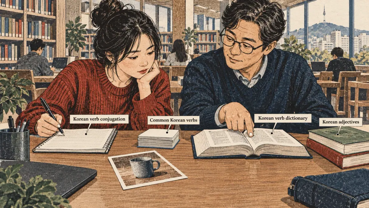 Adult learners apply a Korean study method with concrete materials in Seoul.