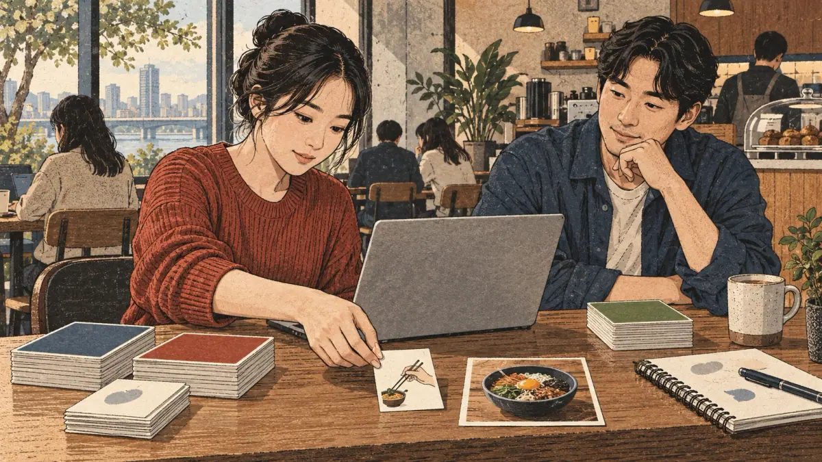 Adult learners apply a Korean study method with concrete materials in Seoul.