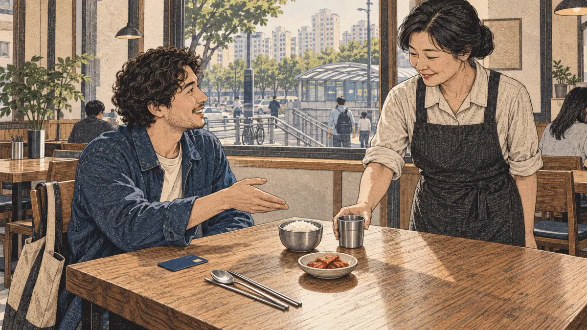 A learner orders water and a simple meal in a Seoul restaurant.