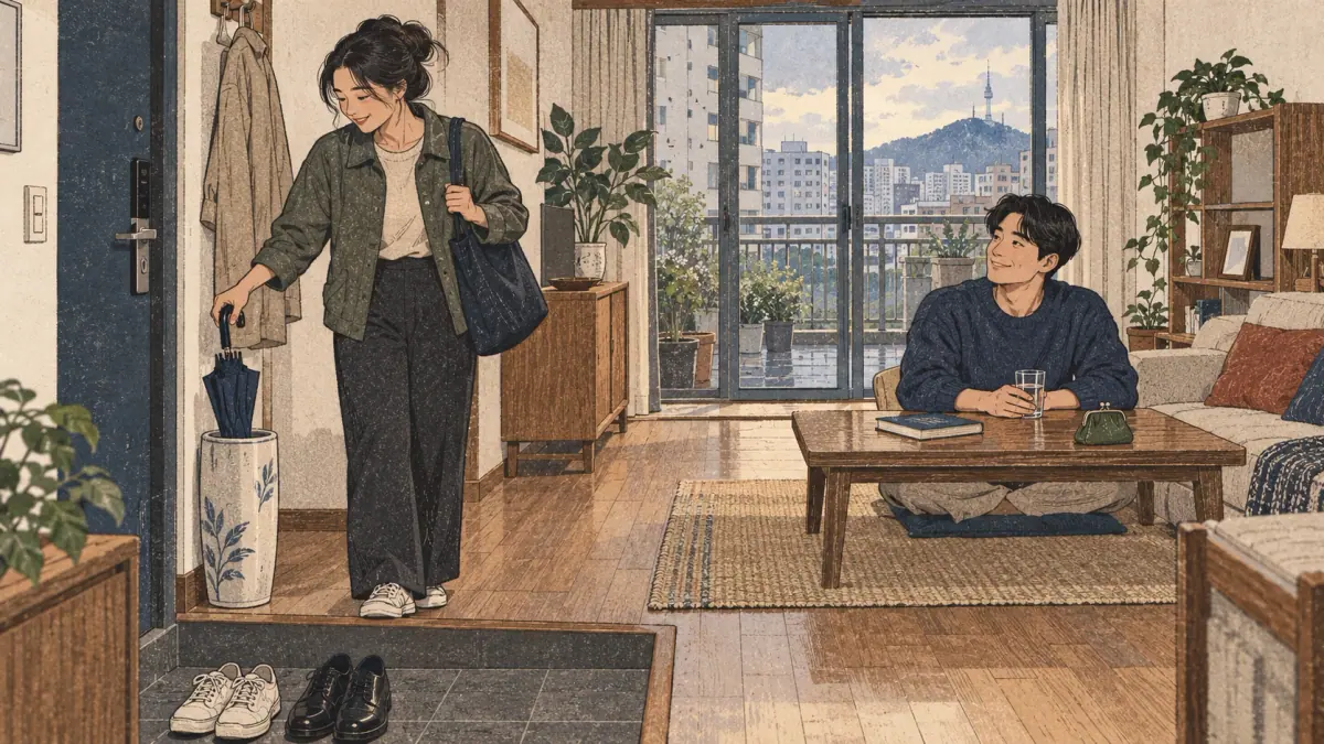 Everyday objects in a Seoul living room introduce the Top 100 Korean words.
