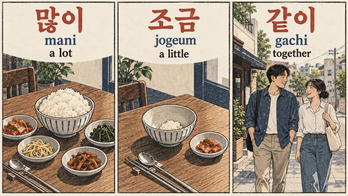 많이, 조금 and 같이 illustrate a lot, a little and together.