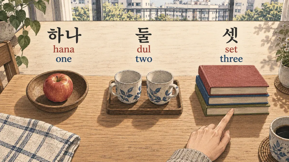 Count one apple, two cups and three books with 하나, 둘 and 셋.