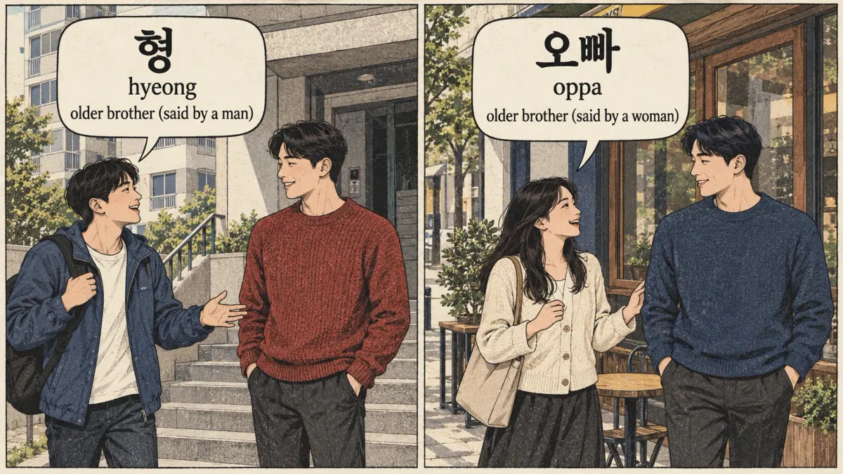 형 and 오빠 both refer to an older brother, with the term depending on the speaker.