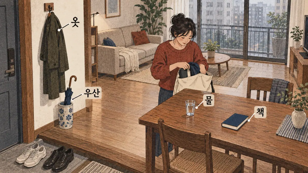 물, 책, 옷 and 우산 label water, a book, clothes and an umbrella in an apartment.