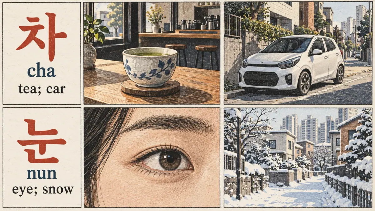 차 can mean tea or car; 눈 can mean eye or snow.