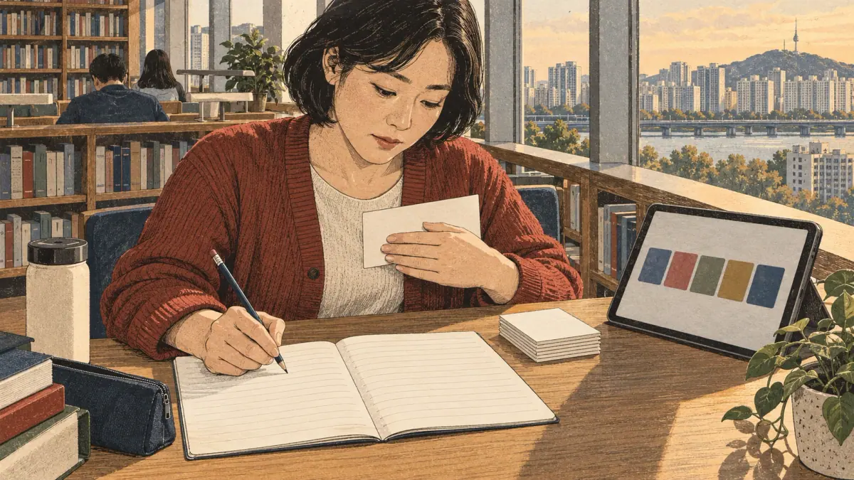 Recall a word, then practise writing it at a library desk.