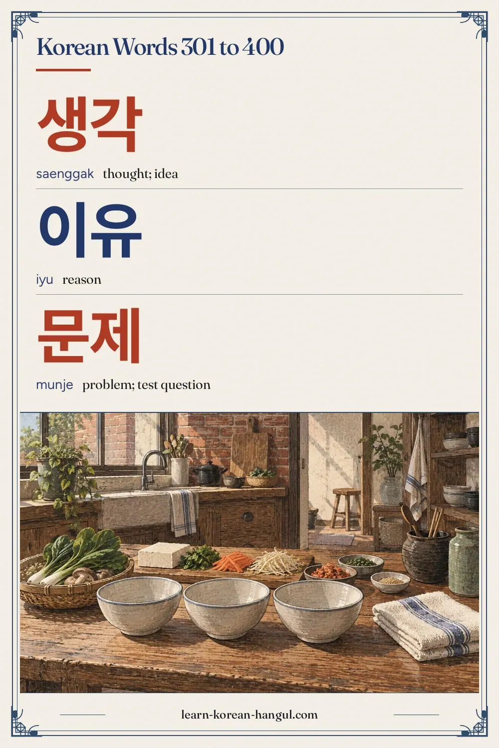 생각 · saenggak · thought; idea · Korean Words 301 to 400