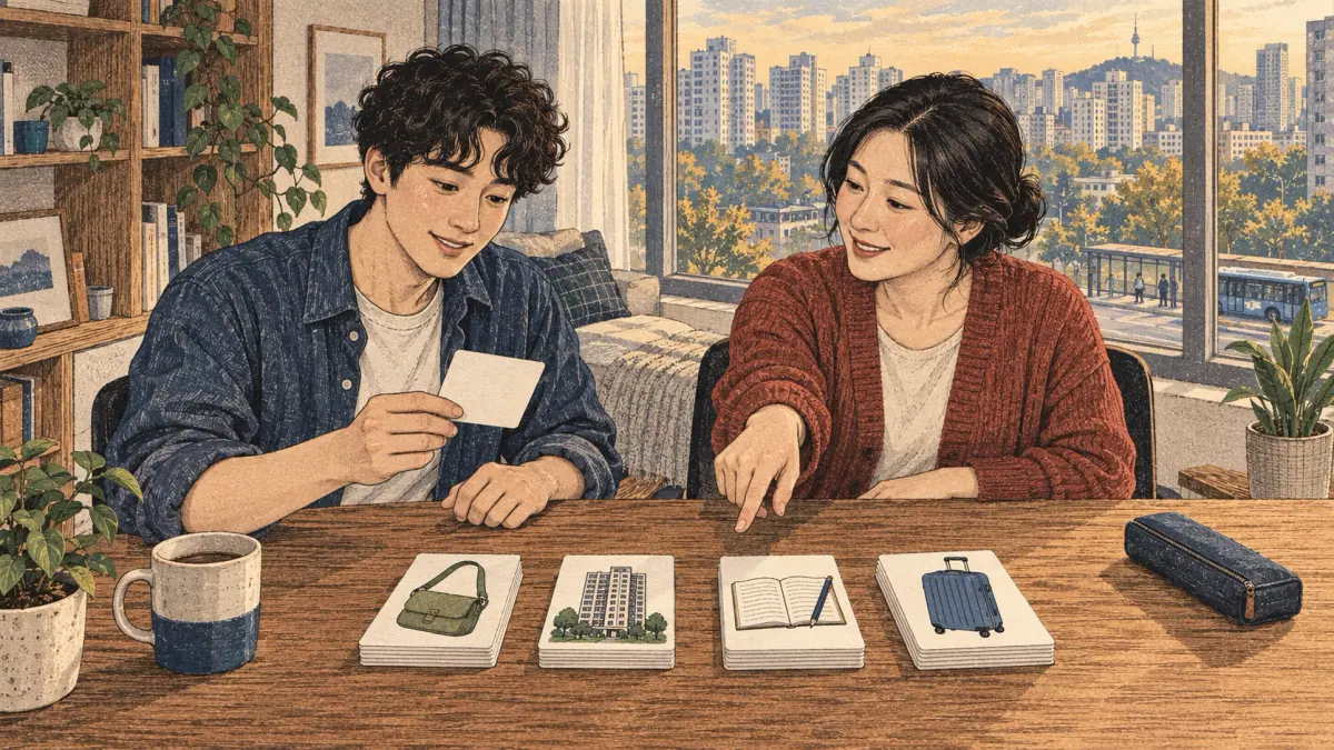 Two learners organize four topic decks at a Seoul apartment study desk.