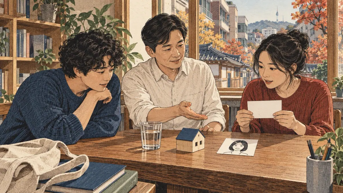 Adult learners connect core Korean words with concrete objects in a Seoul community room.