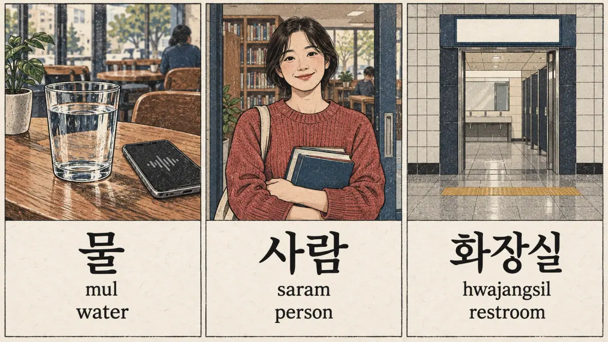Sample entries: 물 (mul, water), 사람 (saram, person) and 화장실 (hwajangsil, restroom).