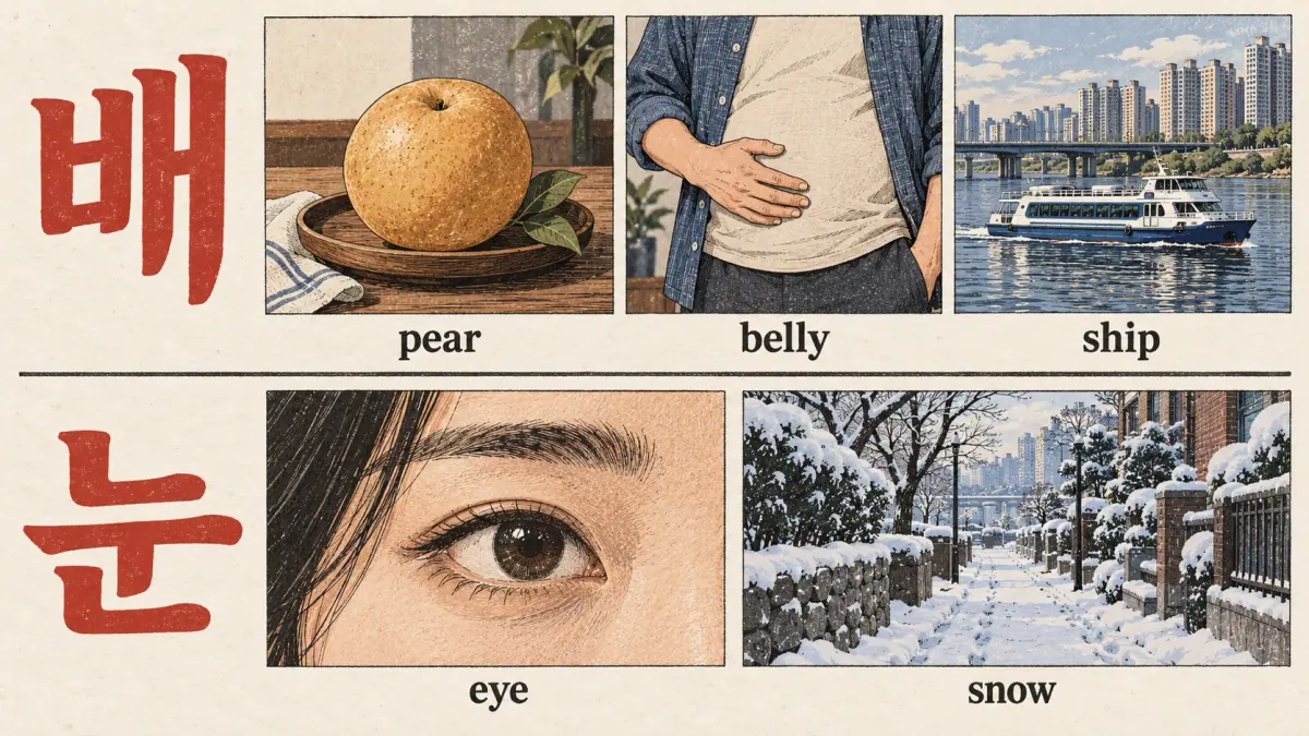 배 can mean pear, belly or ship; 눈 can mean eye or snow.
