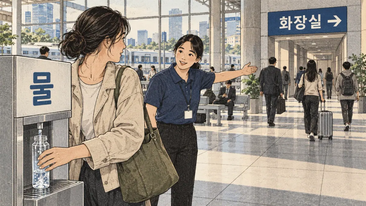 Recognise 물 and 화장실 in a modern Korean station.