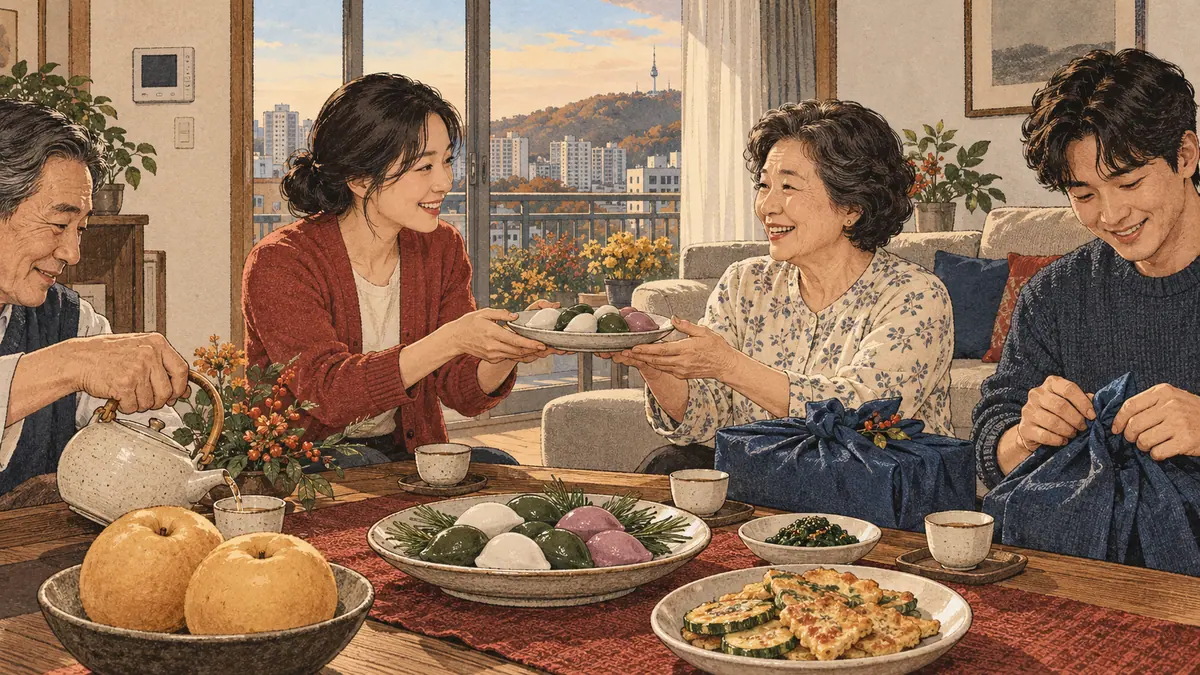 A Korean family shares songpyeon and gifts during a Chuseok gathering in a Seoul apartment.