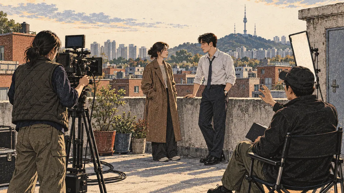 Actors film a rooftop conversation while a director and camera operator work against the Seoul skyline.