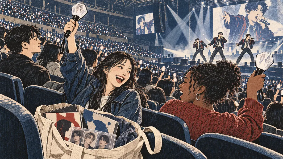 Adult fans wave lightsticks toward three K-pop performers on a Seoul concert stage.