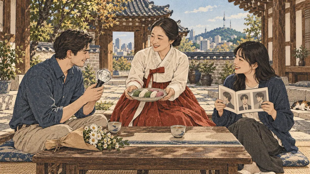 Friends share holiday rice cakes, hanbok and music albums in a Seoul hanok courtyard.