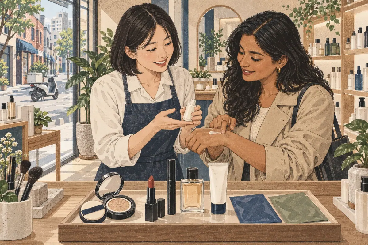 A shopper tries a skincare sample at a Seoul cosmetics counter beside makeup and skincare products.