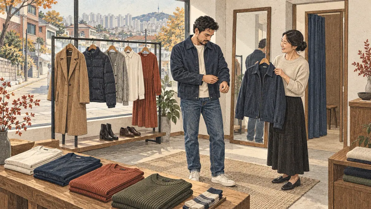 A customer tries on a jacket in a Seoul clothing boutique while a shop assistant offers another size.
