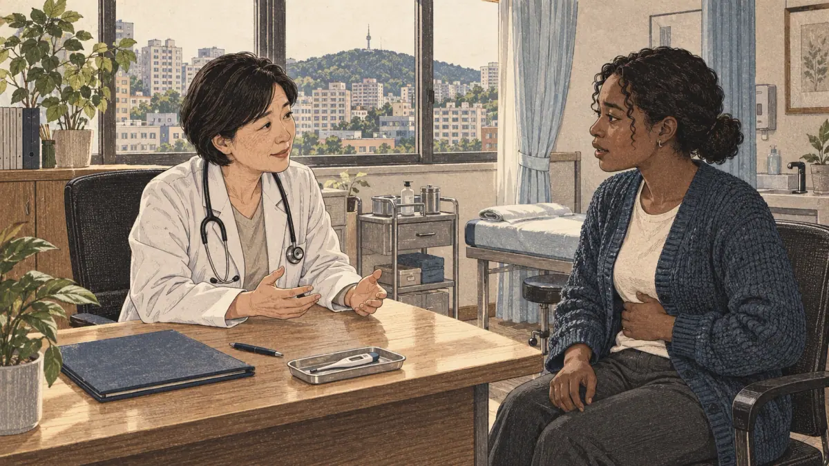 A doctor listens to a patient describing symptoms in a Seoul neighbourhood clinic.