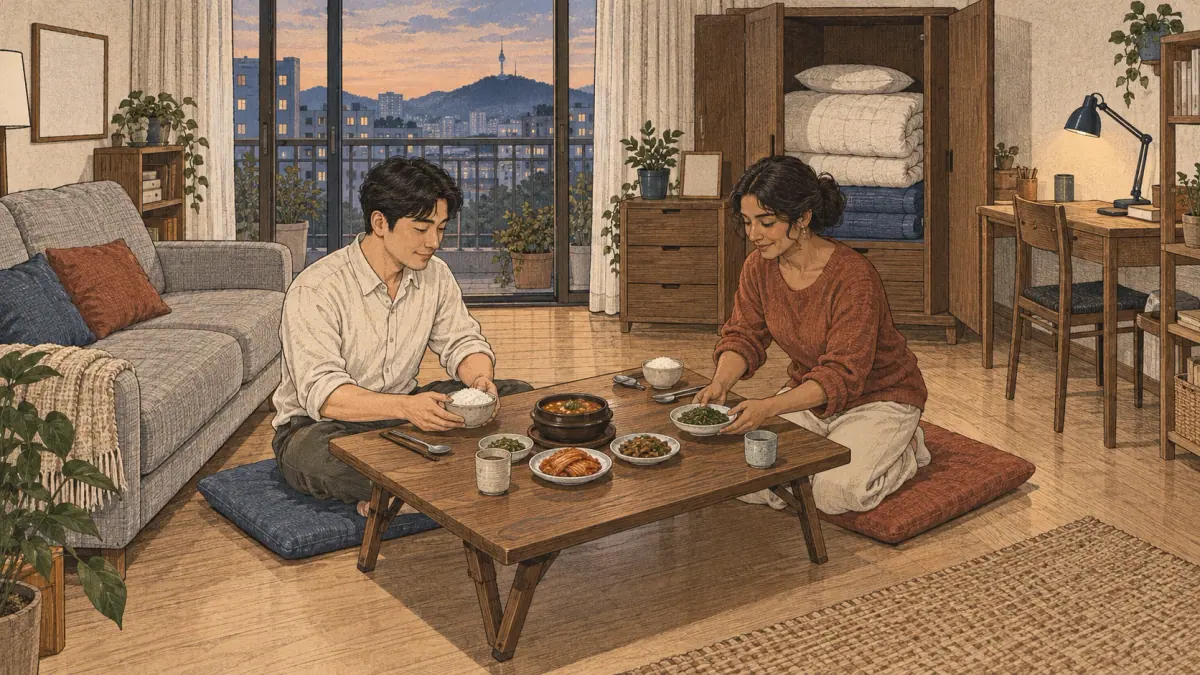 Two adults set a low meal table in a Seoul living room with floor cushions, a sofa, desk and bedding cabinet.