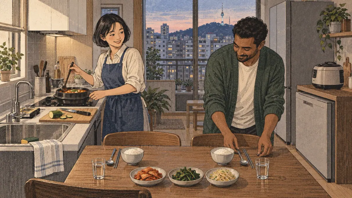 Two adults prepare stew and set spoon-and-chopstick places in a contemporary Korean apartment kitchen.