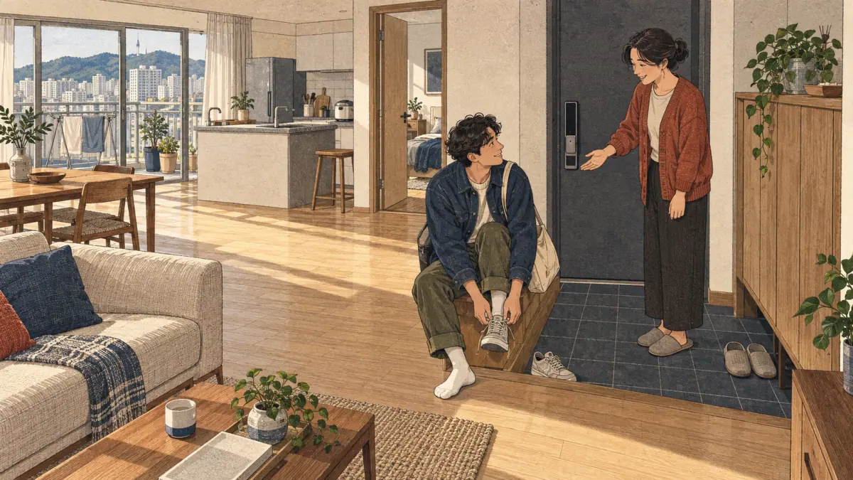 A guest removes shoes at the entryway of a Seoul apartment while the host welcomes them inside.
