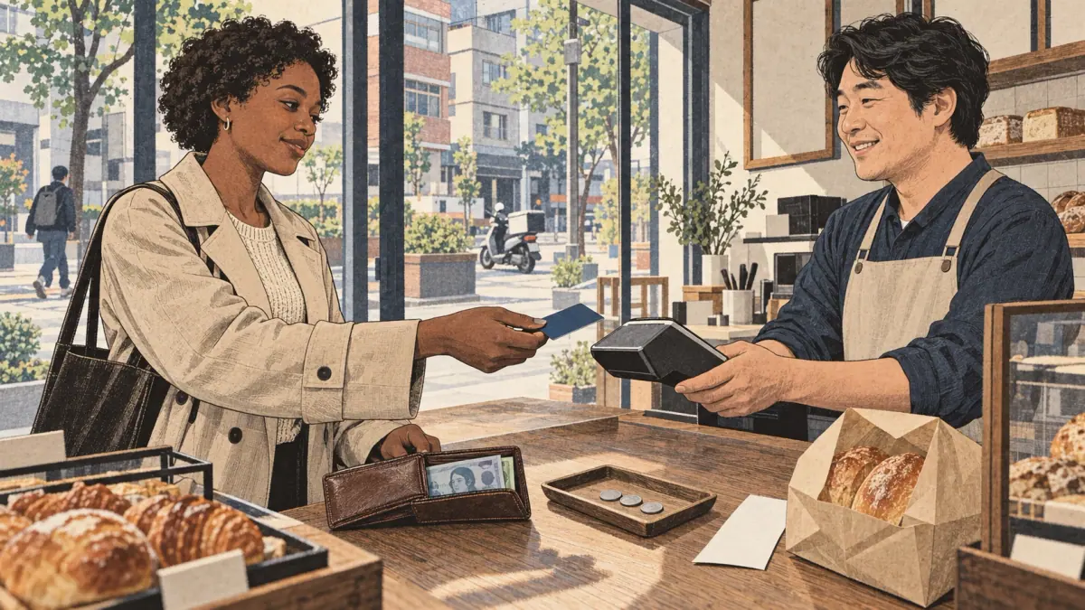 An adult customer pays by card at a Seoul bakery counter with a wallet and coins nearby.