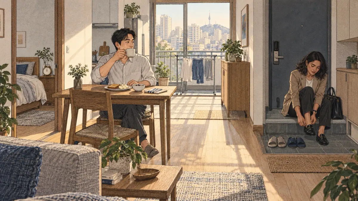 Two adults begin their morning with coffee and preparations to leave a Seoul apartment for work.